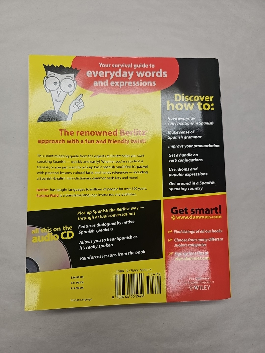 Spanish For Dummies by Susana Wald Paperback with Audio CD