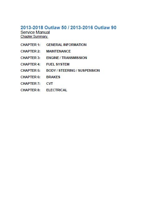 2013 – 2016 Polaris Outlaw 90 Service Manual: w/ Protective Covers